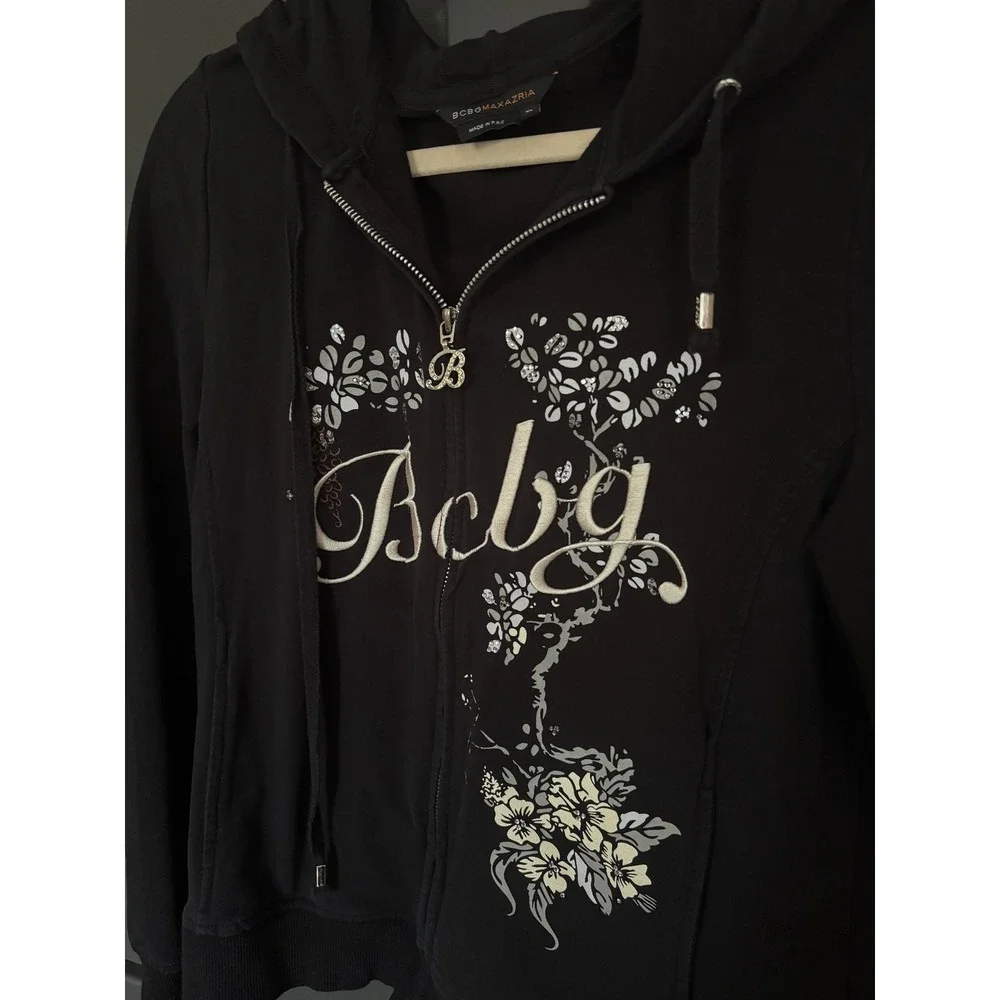BCBG Max Azria Peacock Hoodie XL Y2K‎ Graphic Rhinestone Zip Jacket Bratz Artsy